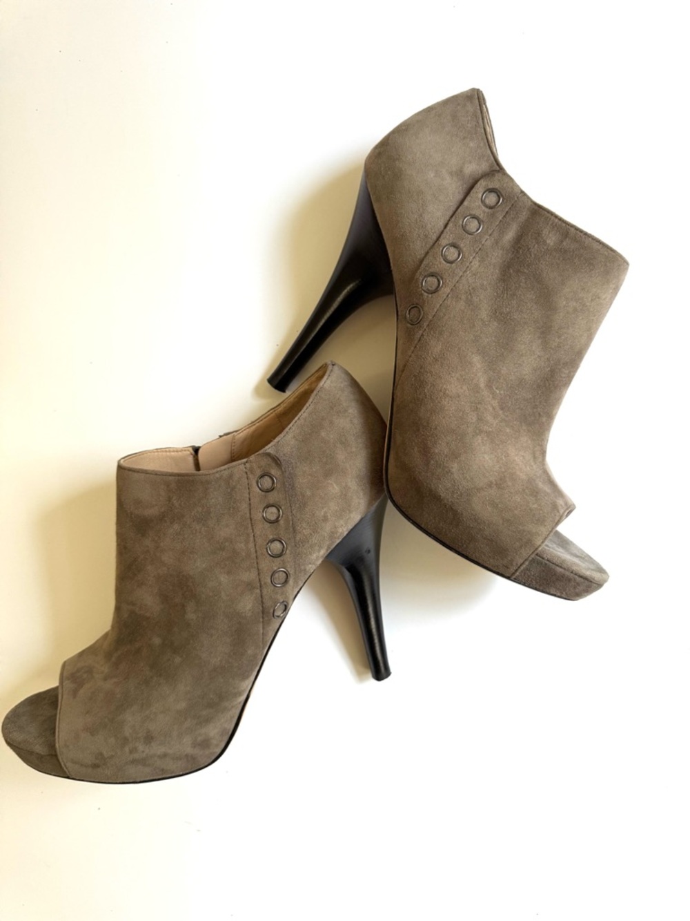 Via Spiga Taupe Suede Peep-Toe Booties with Black Heel
